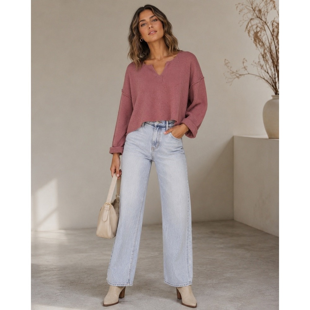 Women One Size Rose Pink Cropped Boxy Notch V Neck Knit Sweater Fall Boho Cozy